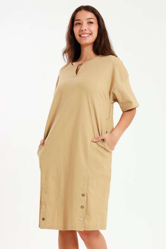 Ladies Linen Blend Tunic Shift Dress With Pockets