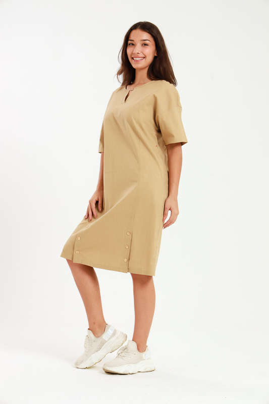 Ladies Linen Blend Tunic Shift Dress With Pockets