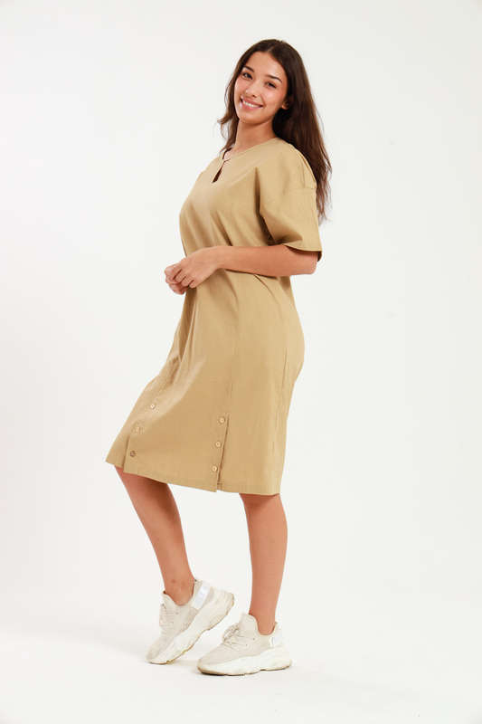 Ladies Linen Blend Tunic Shift Dress With Pockets