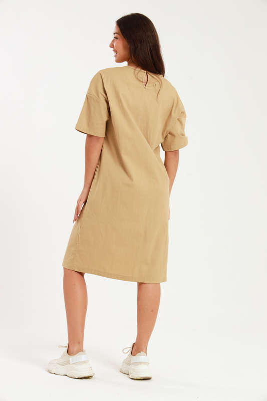 Ladies Linen Blend Tunic Shift Dress With Pockets