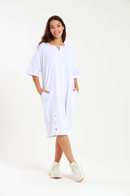 Ladies Linen Blend Tunic Shift Dress With Pockets