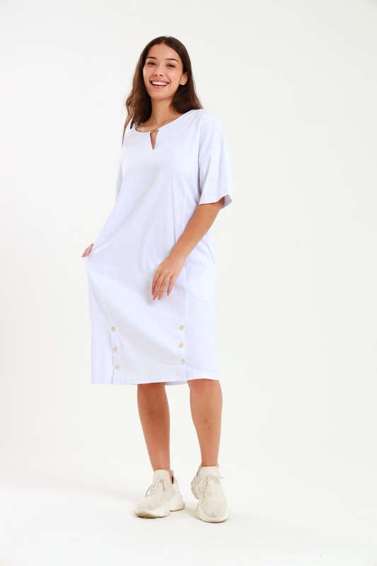 Ladies Linen Blend Tunic Shift Dress With Pockets