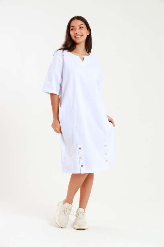 Ladies Linen Blend Tunic Shift Dress With Pockets