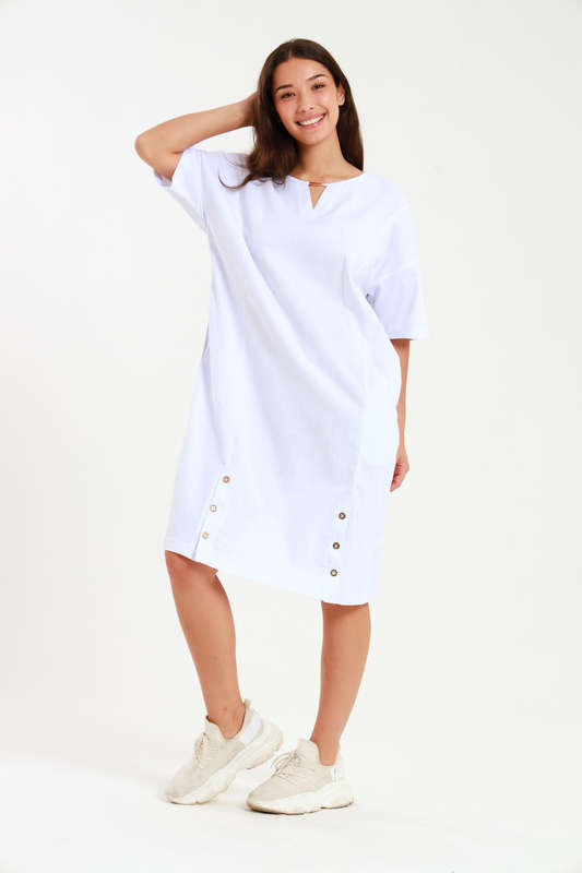 Ladies Linen Blend Tunic Shift Dress With Pockets