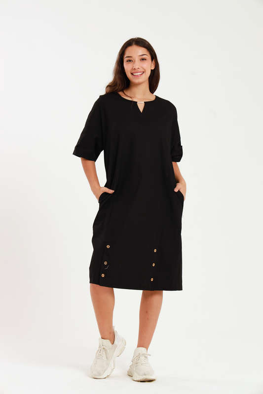 Ladies Linen Blend Tunic Shift Dress With Pockets