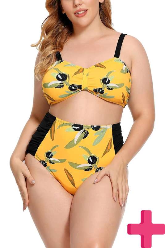 Ladies Plus Size High Waisted 2 Pcs Bikini Tummy Control Swimwear