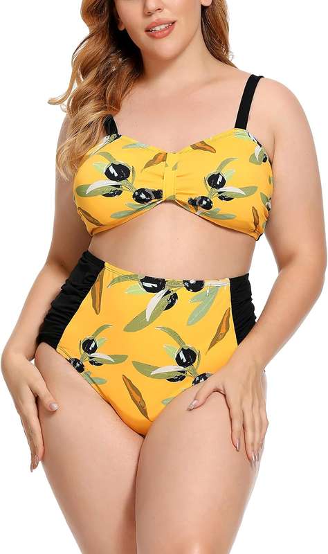 Ladies Plus Size High Waisted 2 Pcs Bikini Tummy Control Swimwear