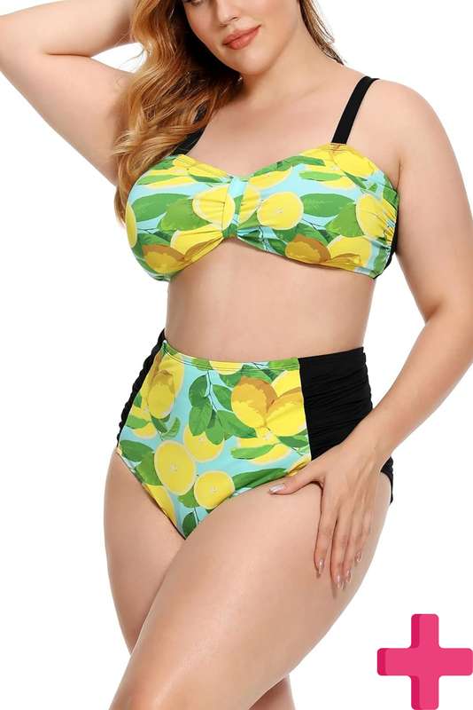 Ladies Plus Size High Waisted 2 Pcs Bikini Tummy Control Swimwear