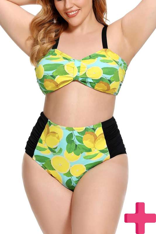 Ladies Plus Size High Waisted 2 Pcs Bikini Tummy Control Swimwear