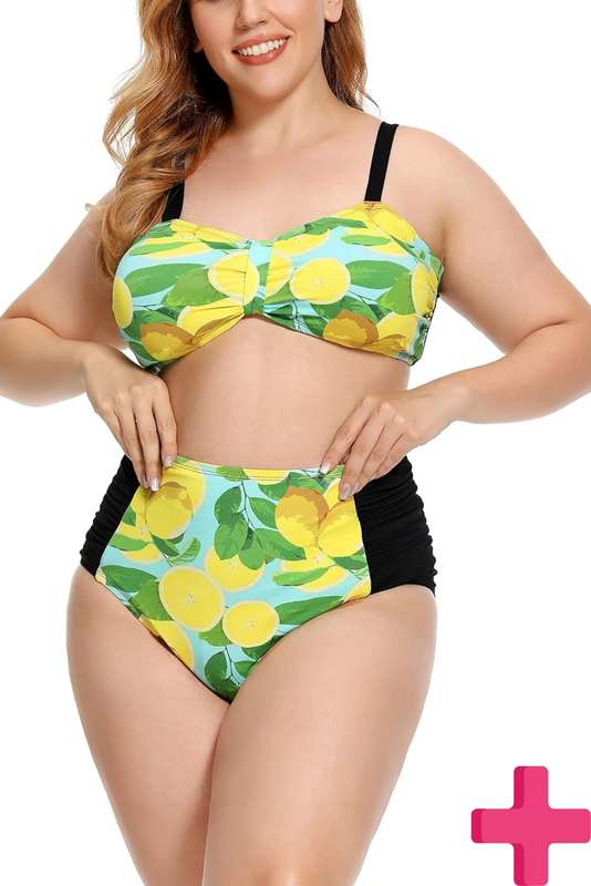 Ladies Plus Size High Waisted 2 Pcs Bikini Tummy Control Swimwear