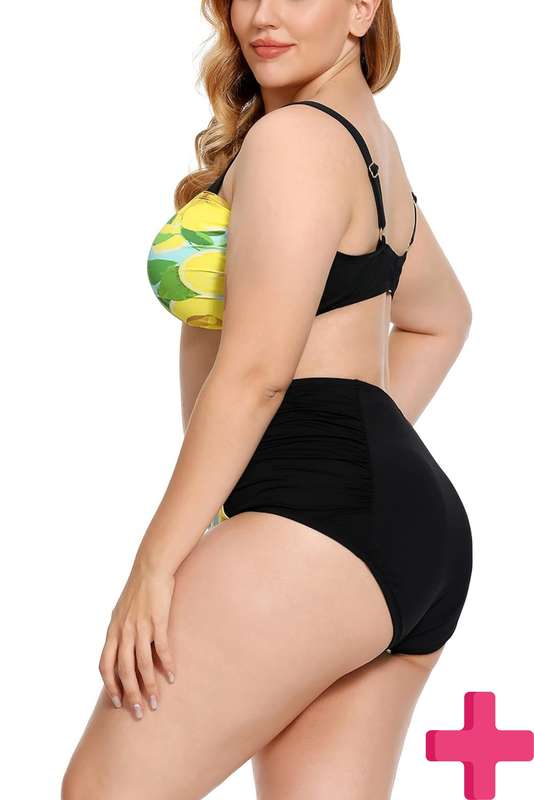 Ladies Plus Size High Waisted 2 Pcs Bikini Tummy Control Swimwear
