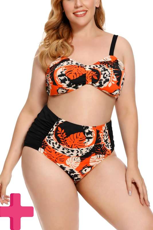 Ladies Plus Size High Waisted 2 Pcs Bikini Tummy Control Swimwear