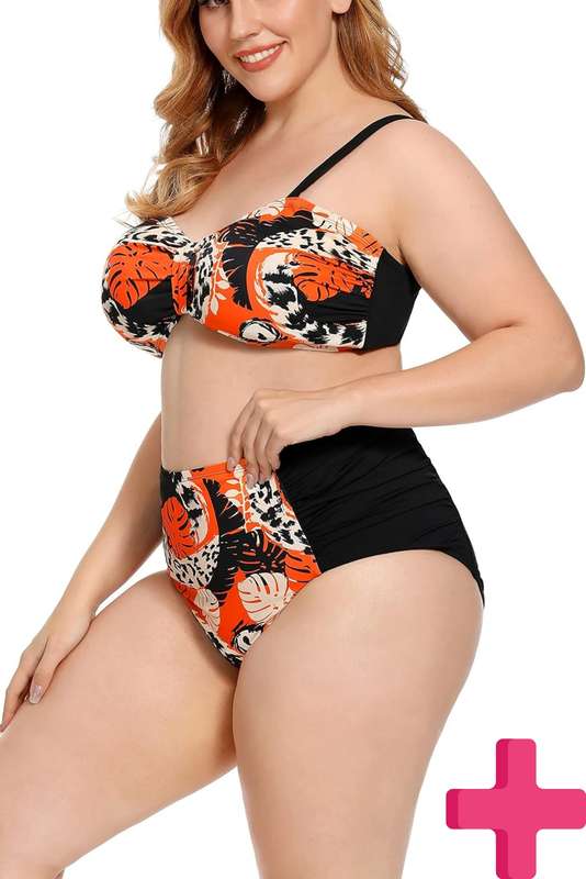 Ladies Plus Size High Waisted 2 Pcs Bikini Tummy Control Swimwear