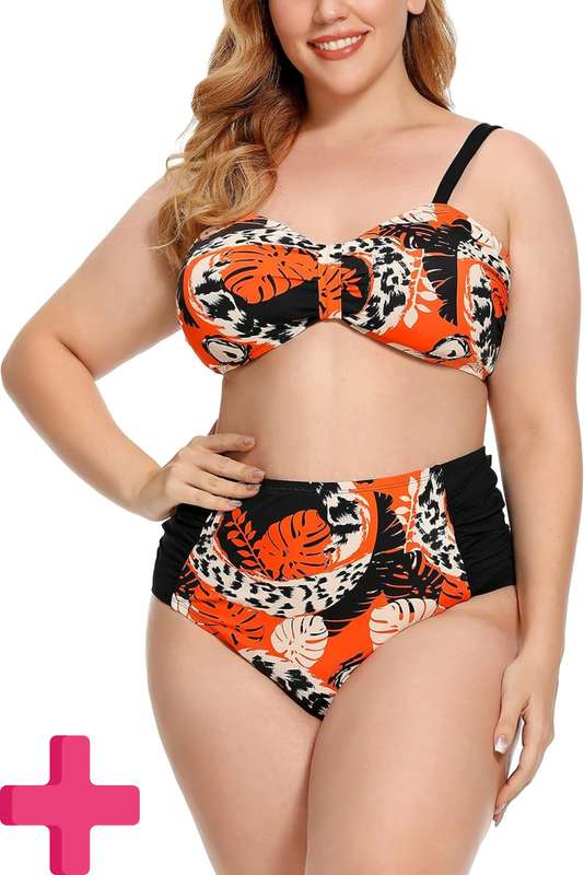 Ladies Plus Size High Waisted 2 Pcs Bikini Tummy Control Swimwear