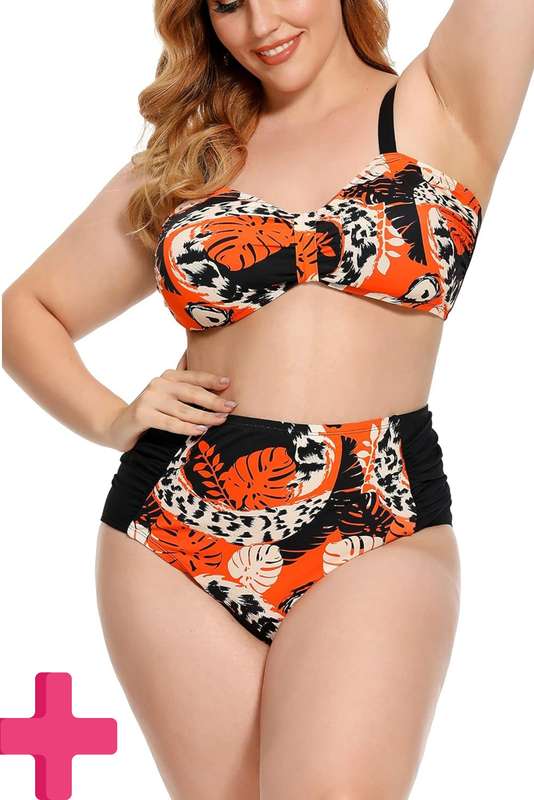 Ladies Plus Size High Waisted 2 Pcs Bikini Tummy Control Swimwear