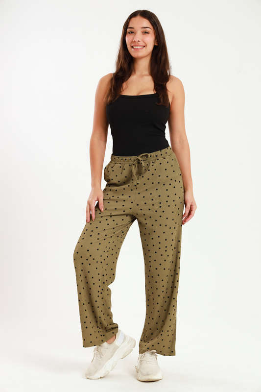 Ladies Polka Dot Print Wide Leg Pants With Pockets