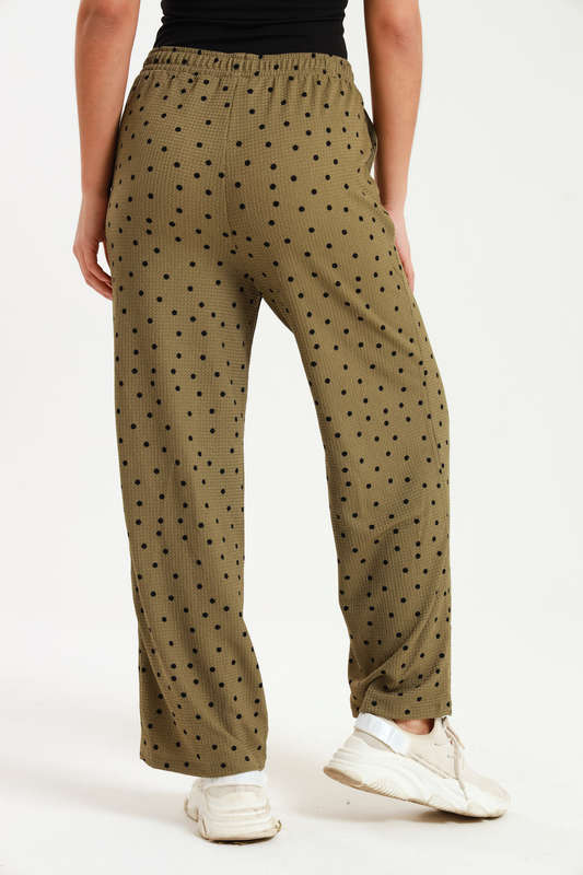 Ladies Polka Dot Print Wide Leg Pants With Pockets