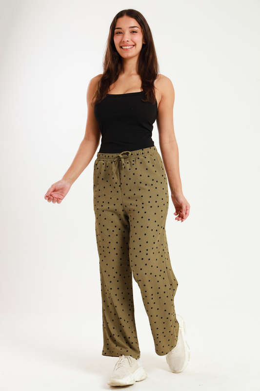 Ladies Polka Dot Print Wide Leg Pants With Pockets