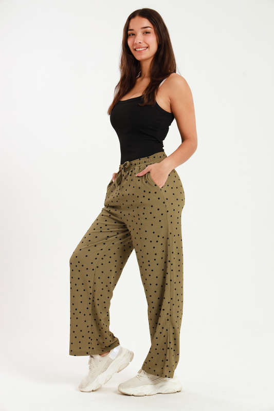 Ladies Polka Dot Print Wide Leg Pants With Pockets