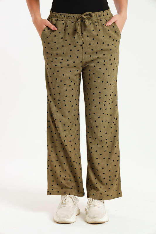 Ladies Polka Dot Print Wide Leg Pants With Pockets