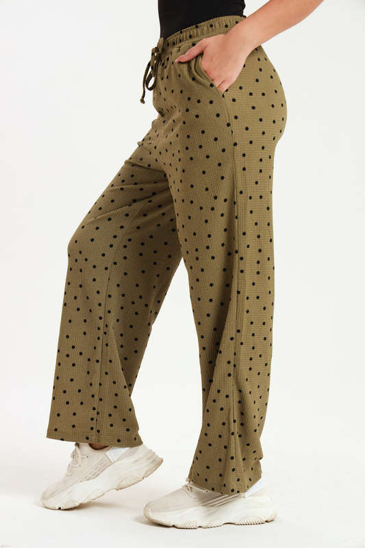 Ladies Polka Dot Print Wide Leg Pants With Pockets