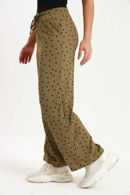 Ladies Polka Dot Print Wide Leg Pants With Pockets