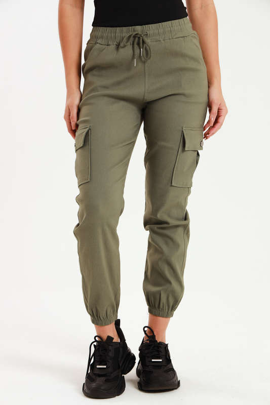 Ladies Stretchy Utility Pants With Elastic Band &amp; Multiple Pockets
