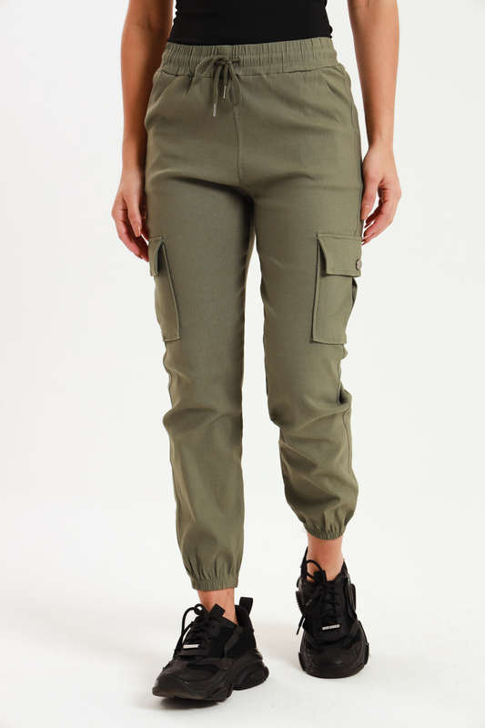 Ladies Stretchy Utility Pants With Elastic Band &amp; Multiple Pockets