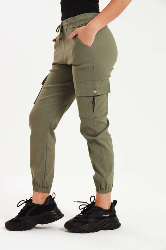 Ladies Stretchy Utility Pants With Elastic Band &amp; Multiple Pockets