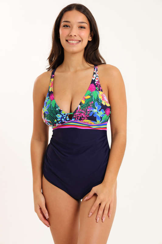 Senza® Floral One Piece Bikini Swimsuit Ruched Tummy Control