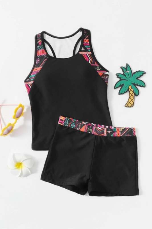 Senza Kids® Lexa Girls Contrast Geo Print Tankini Set Summer Swimwear 7 to 14 Years