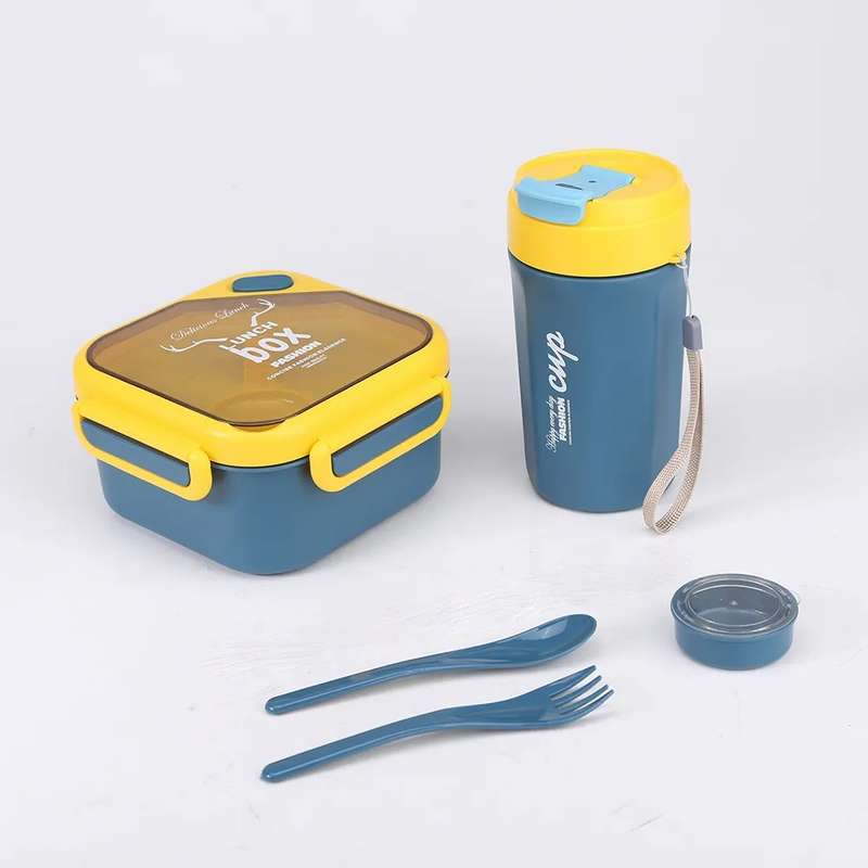 Senza Square 900ml Plastic Divided Lunch Box &amp; 350ml Water Bottle Set With Spoon