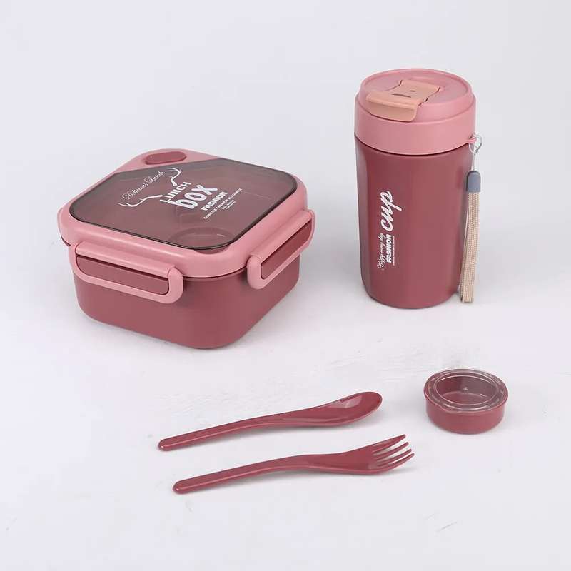 Senza Square 900ml Plastic Divided Lunch Box &amp; 350ml Water Bottle Set With Spoon