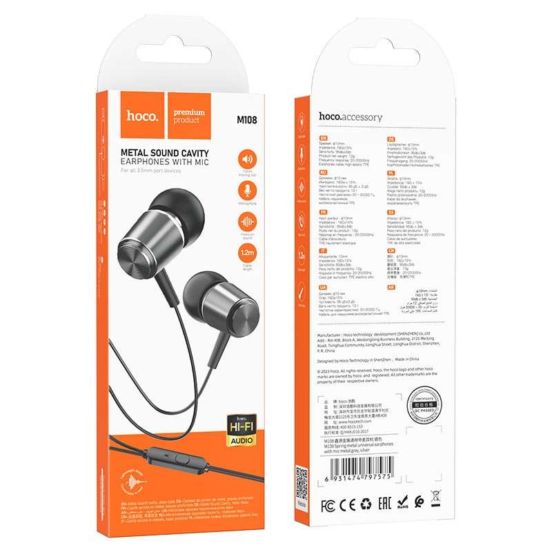 HOCO M108 Wired Earphones 3.5mm Spring With Mic