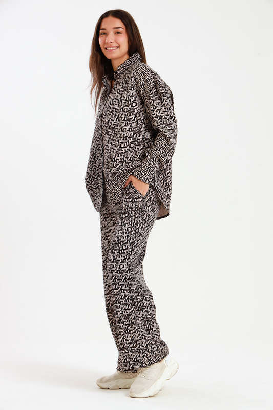 Ladies Oversized Long Sleeve Shirt Collar Top &amp; Wide Leg Pants Co-Ords Set