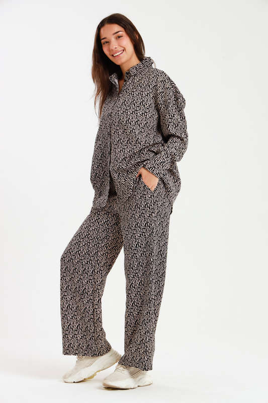 Ladies Oversized Long Sleeve Shirt Collar Top &amp; Wide Leg Pants Co-Ords Set
