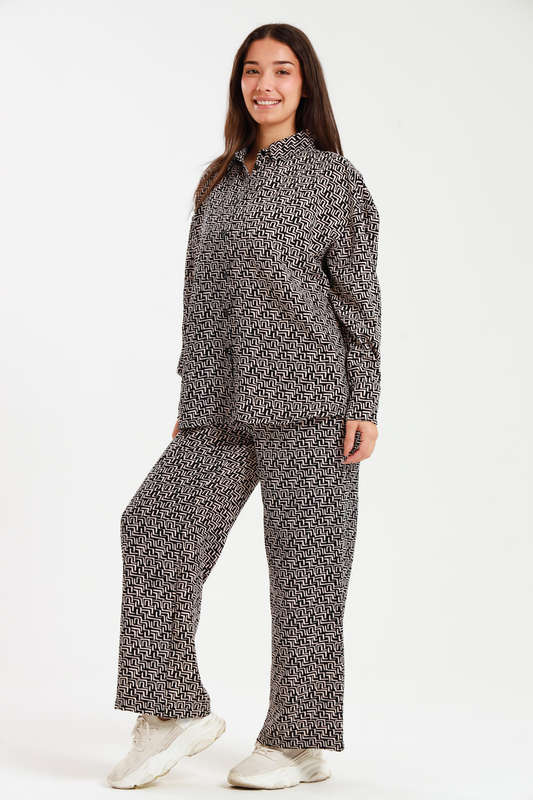 Ladies Oversized Long Sleeve Shirt Collar Top &amp; Wide Leg Pants Co-Ords Set