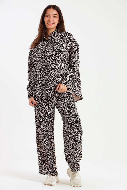 Ladies Oversized Long Sleeve Shirt Collar Top &amp; Wide Leg Pants Co-Ords Set