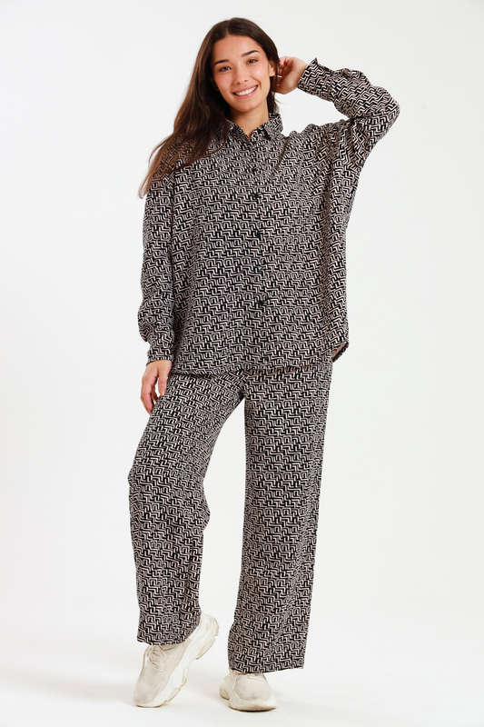 Ladies Oversized Long Sleeve Shirt Collar Top &amp; Wide Leg Pants Co-Ords Set