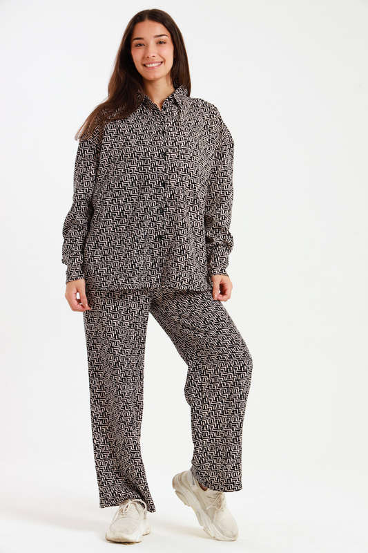 Ladies Oversized Long Sleeve Shirt Collar Top &amp; Wide Leg Pants Co-Ords Set