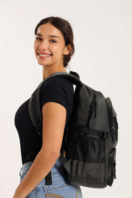 Powerland Laptop Backpack Grey School Bag With Multiple Compartments &amp; Free Water Bottle