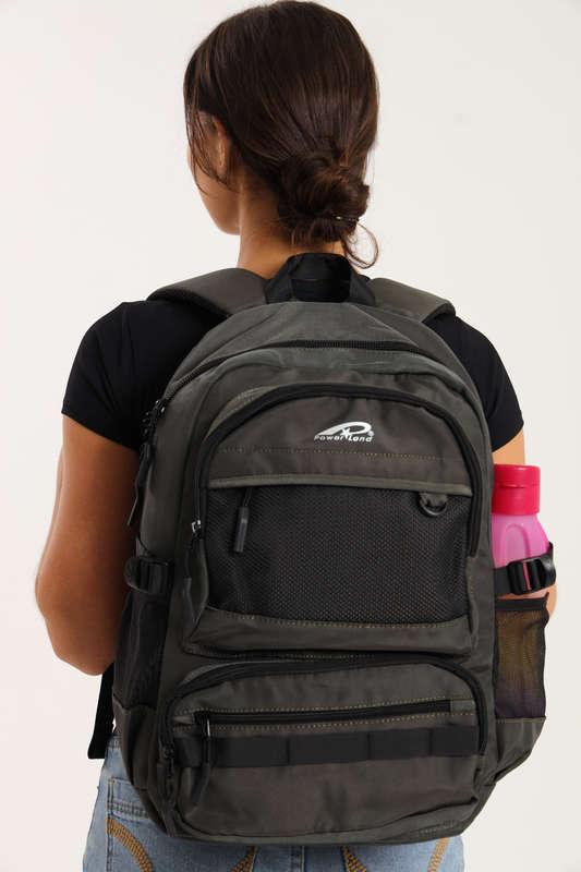 Powerland Laptop Backpack Grey School Bag With Multiple Compartments &amp; Free Water Bottle