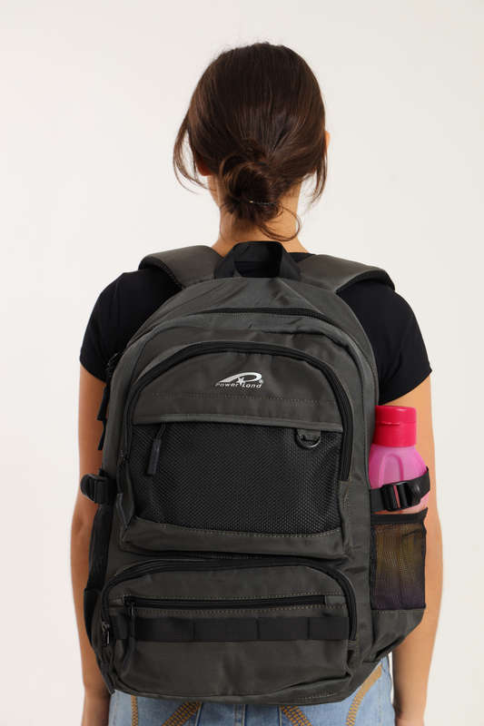 Powerland Laptop Backpack Grey School Bag With Multiple Compartments &amp; Free Water Bottle