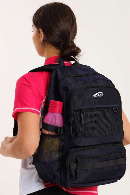 Powerland Laptop Backpack Navy Blue School Bag With Multiple Compartments &amp; Free Water Bottle