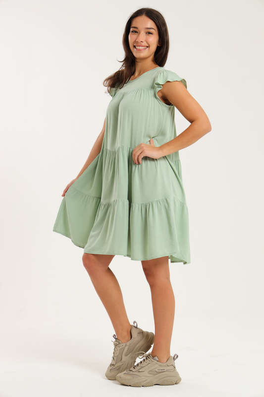 Ruffle Short Cap Sleeve Tiered Viscose Summer Dress