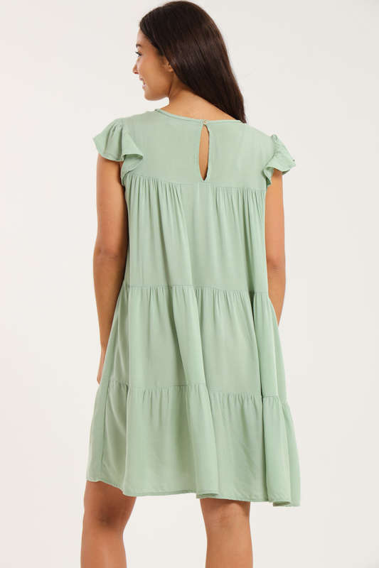 Ruffle Short Cap Sleeve Tiered Viscose Summer Dress