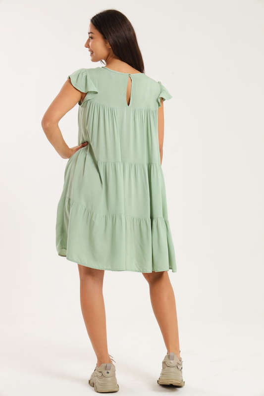 Ruffle Short Cap Sleeve Tiered Viscose Summer Dress