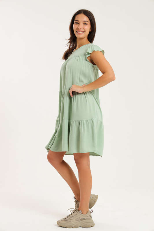 Ruffle Short Cap Sleeve Tiered Viscose Summer Dress
