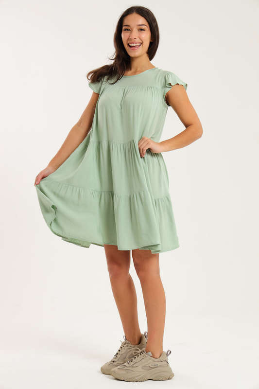 Ruffle Short Cap Sleeve Tiered Viscose Summer Dress