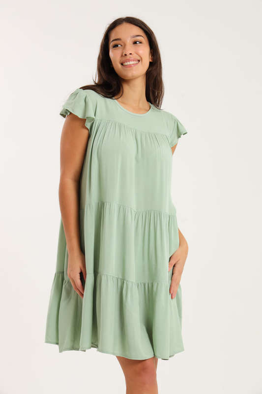 Ruffle Short Cap Sleeve Tiered Viscose Summer Dress